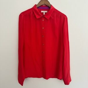 Banana Republic Red Silk Button Down Blouse Purple Contrast Trim Gold Buttons XL